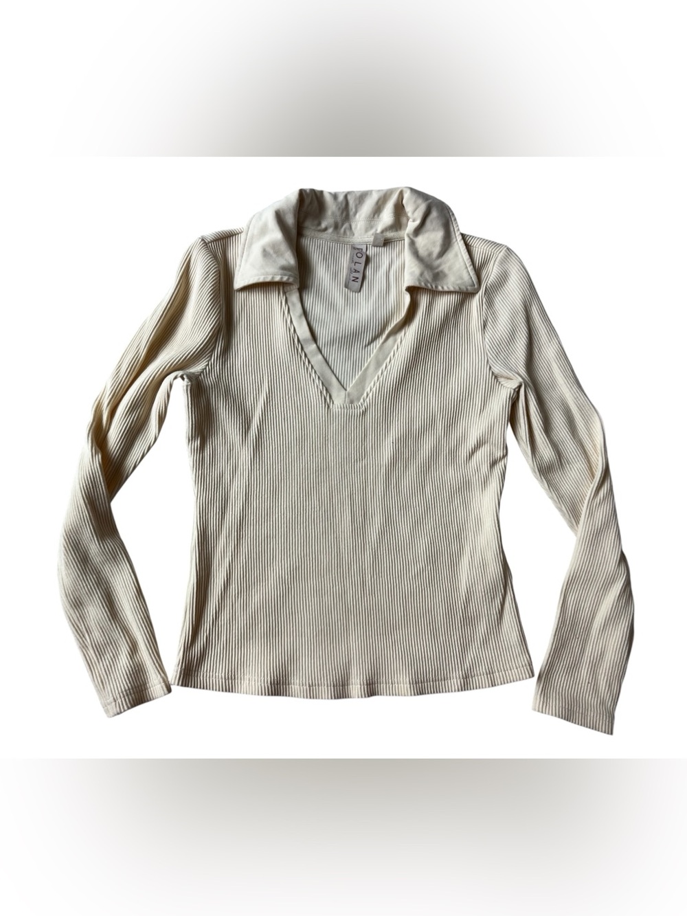 DOLAN LEFT COAST V NECK COLLARED RIBBED LONG SLEEVE SHIRT CREAM SMALL